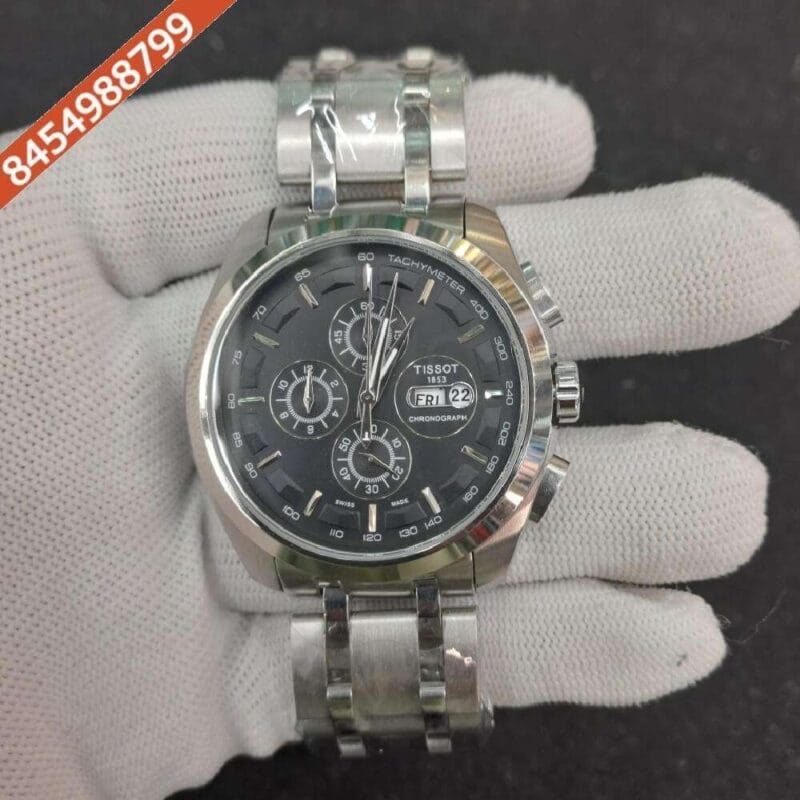 Tissot Couturier 1853 Tachy Day Date Chronograph Full Silver Black Dial Swiss Watch