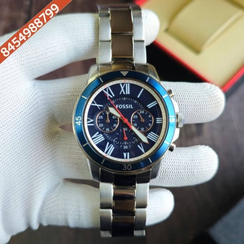 Fossil Grant Chronograph Silver Blue Dial Swiss Watch