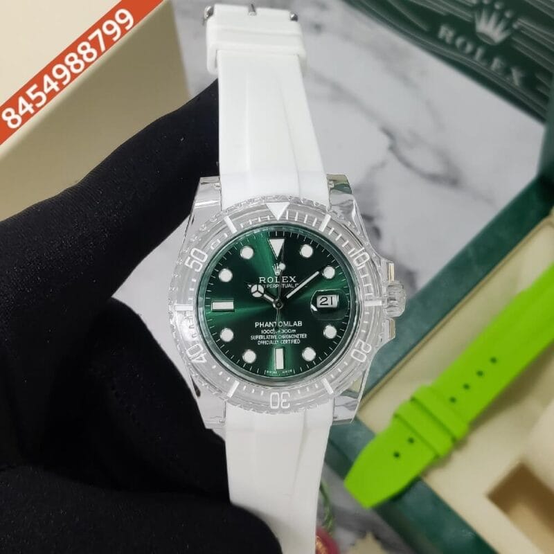 Rolex Submariner Phantomlab Green Dial White Strap Swiss Automatic Watch