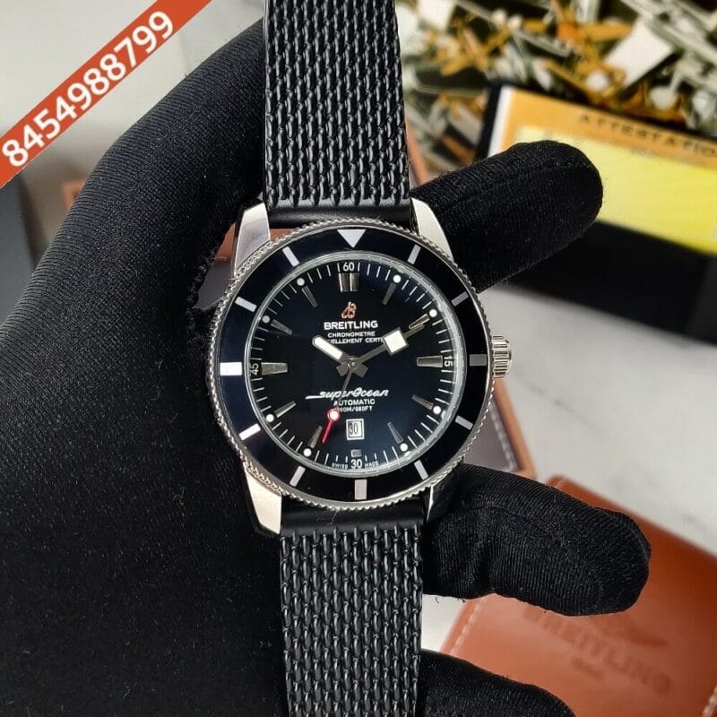 Breitling Super Ocean Black Dial Black Silicone Strap Automatic Watch