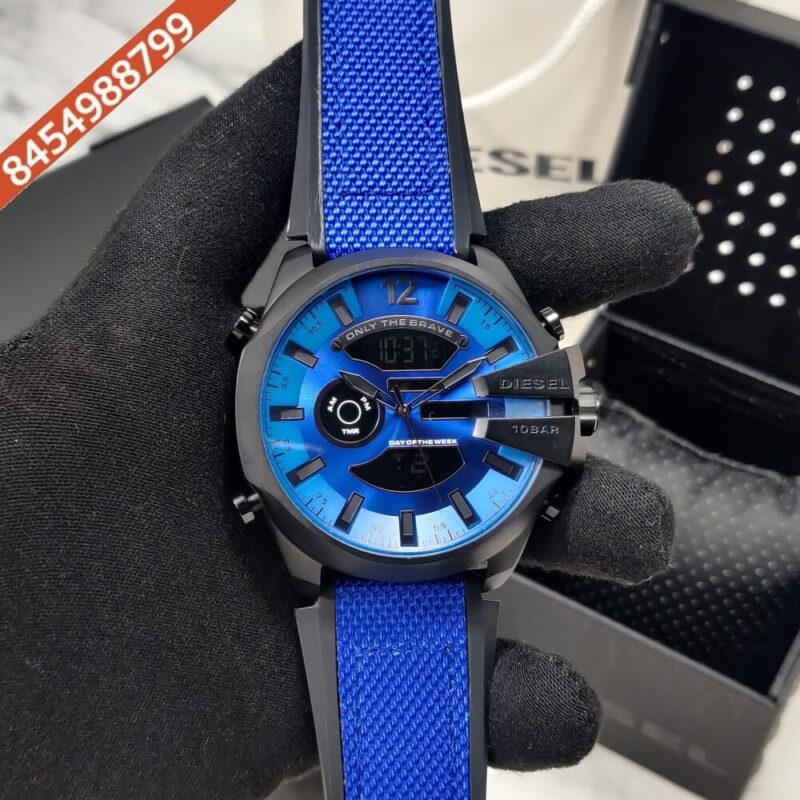 Diesel 10 Bar Megachief Full Black Dial Blue Silicone Strap Swiss Quartz Watch