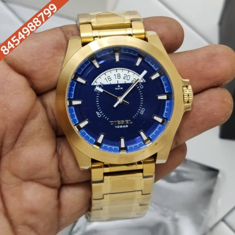 Diesel Arges Blue Dial Polished Gold Strap Swiss Quartz Watch
