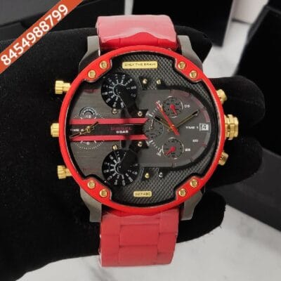 Diesel Big Daddy Black Dial Stainless Steel Red Strap Swiss Quartz Watch