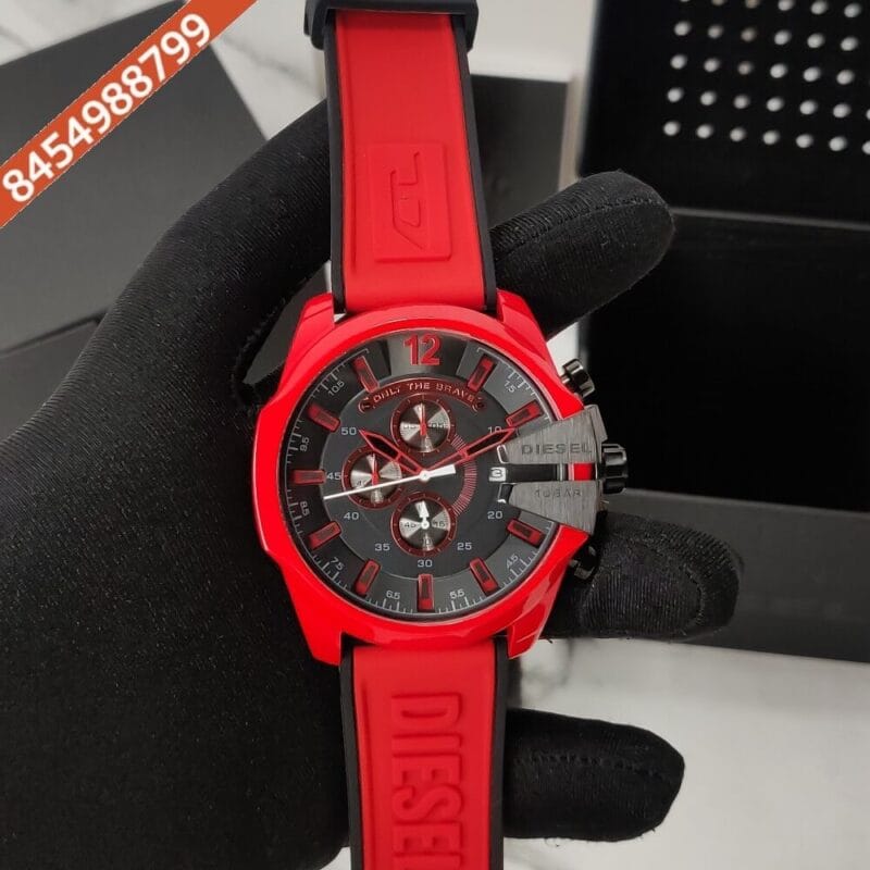 Diesel Mega Chief Chronograph Red Black Dial Red Silicone Strap Swiss Watch
