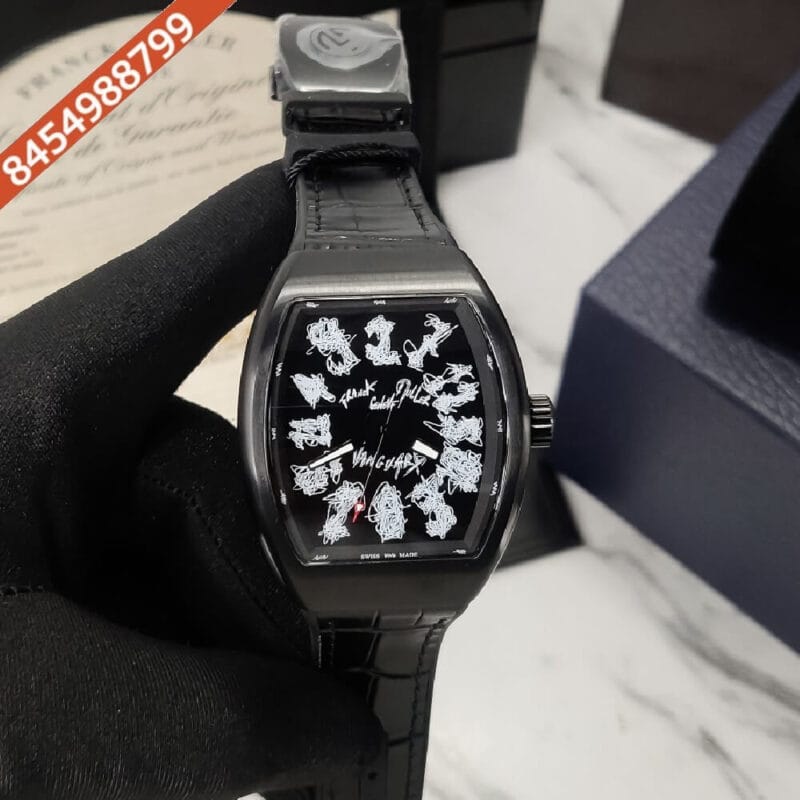Franck Muller VANGAURD CRAZY HOURS Black Dial Black Leather Strap Automatic Watch