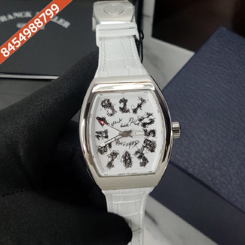 Franck Muller VANGAURD CRAZY HOURS White Dial White Leather Strap Automaic Watch