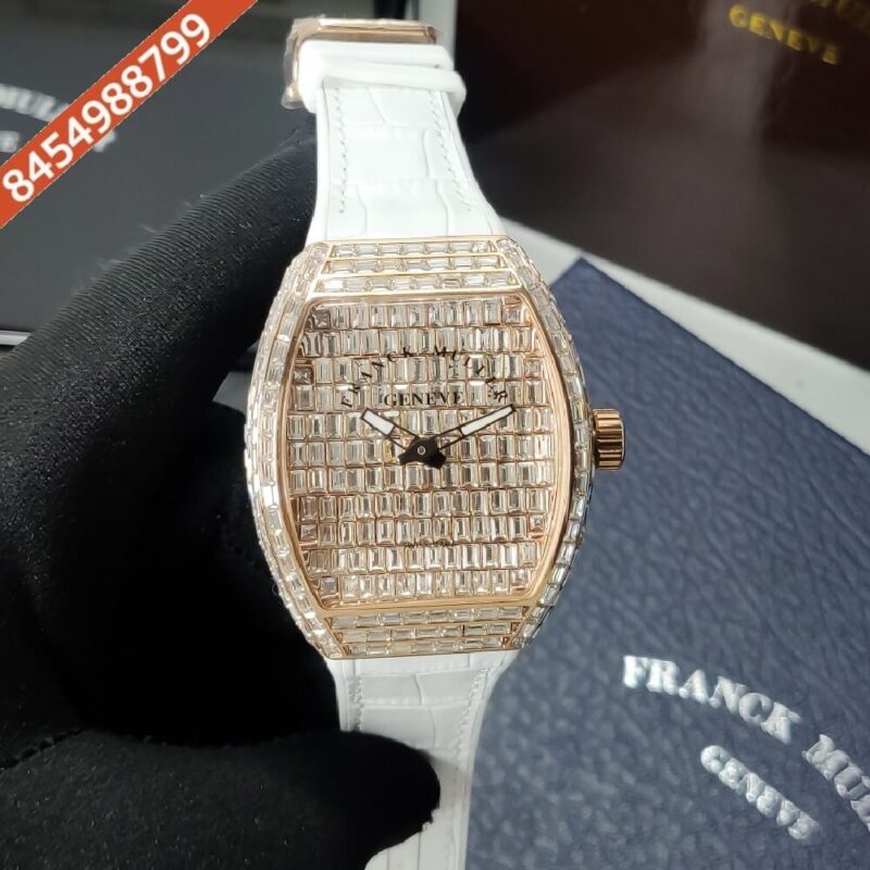 Franck Muller Vanguard RG Diamond Rose Gold Diamond Dial White Leather Strap Quartz Watch