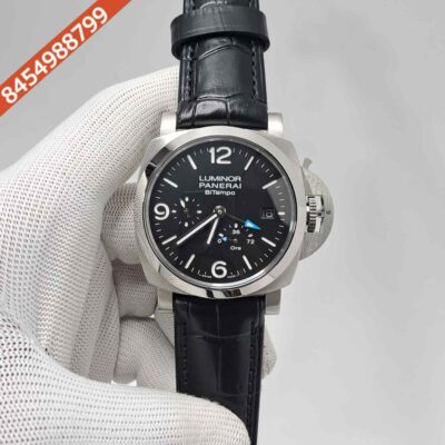 Luminor Panerai Bitempo Black Dial Stainless Steel Case Black leather strap Automatic Watch