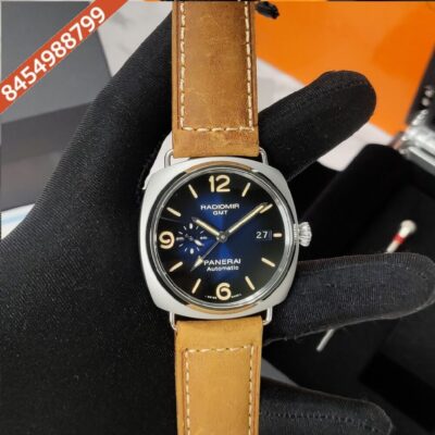 First copy Luminor Panerai Blue Dial Stainless Steel Case Brown Leather Strap Automatic Watch with premium replica Swiss movement. High-quality luxury first copy watch in India.