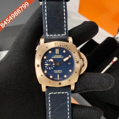 Luminor Panerai Submersible Blue Dial Copper Gold Stainless Steel Case Blue Leather Strap Automatic Watch