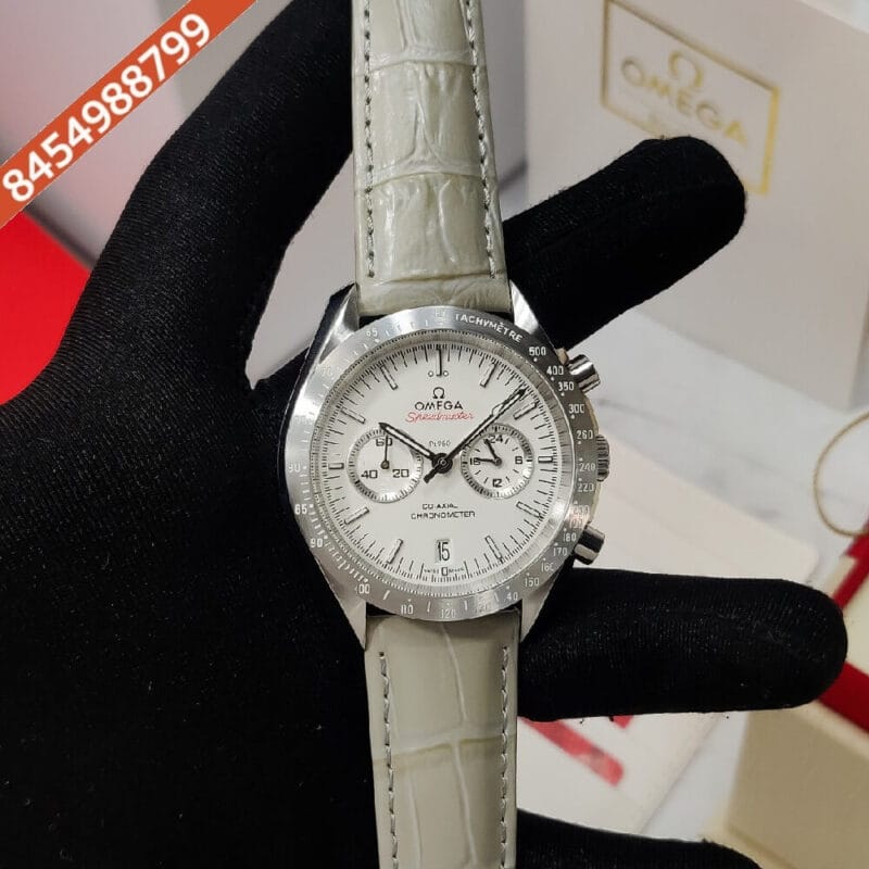 Omega Speedmaster Steel Case White Dial Leather Strap Swiss Watch
