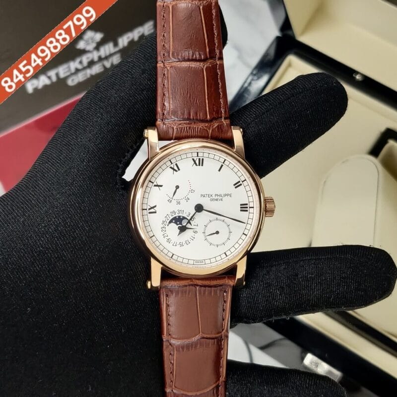 Patek Philippe Moonphase White Dial  Brown Leather Strap Auotomatic Watch
