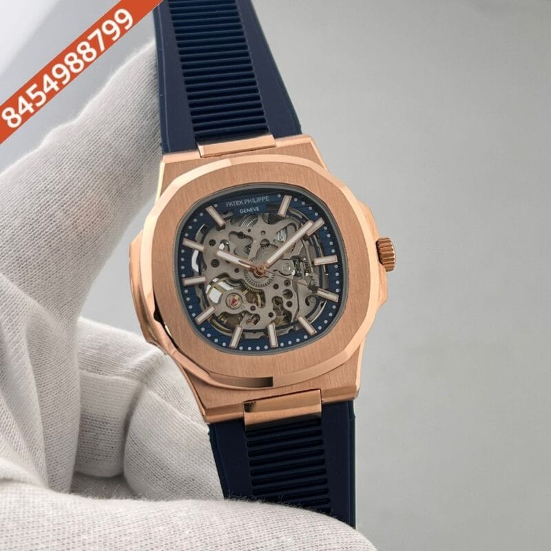 Patek Philippe Nautilus Rose Gold Bazel Skeleton Dial Swiss Automatic Watch