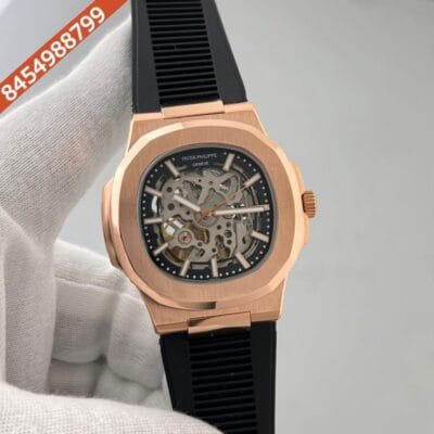 Patek Philippe Nautilus Rose Gold Bazel Black Dial Swiss Automatic Watch