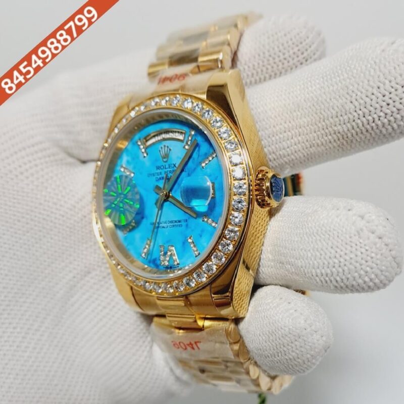 Rolex Day-Date Gold Diamond Bazel Blue Dial Automatic Watch - Image 3