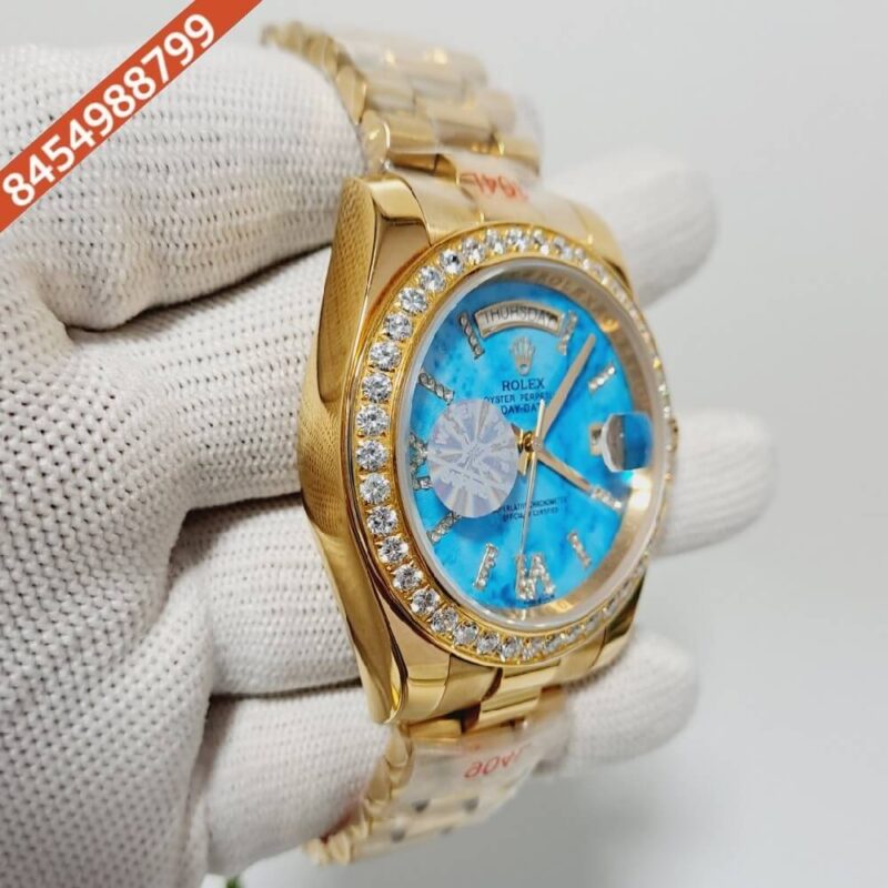 Rolex Day-Date Gold Diamond Bazel Blue Dial Automatic Watch - Image 2