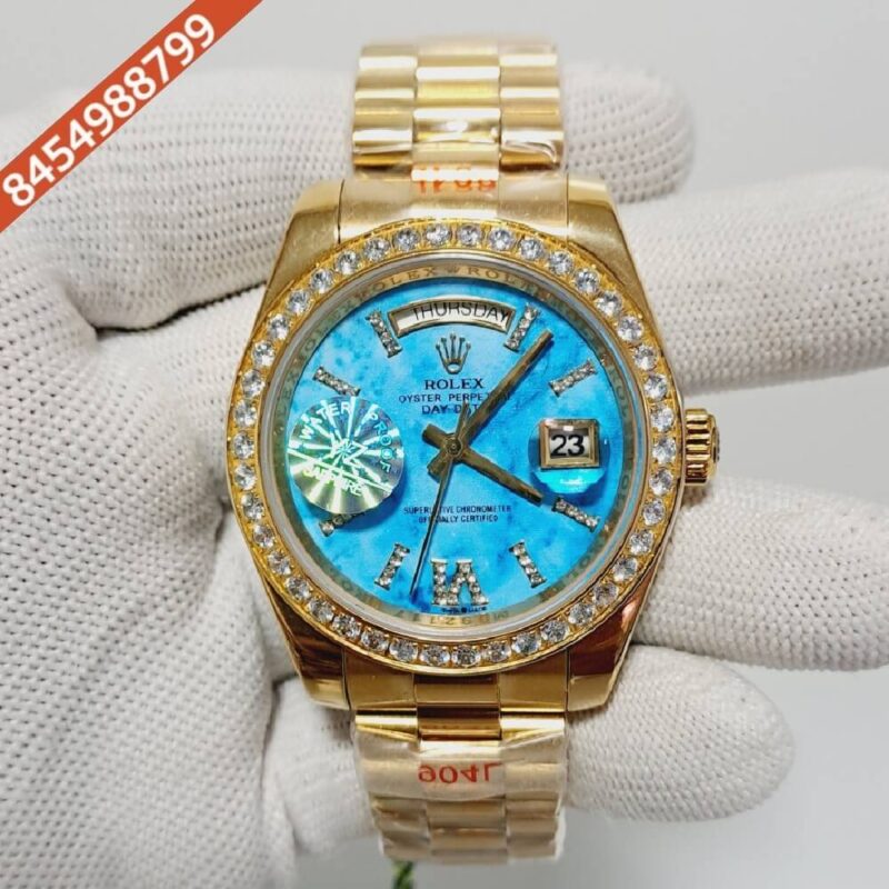 Rolex Day-Date Gold Diamond Bazel Blue Dial Automatic Watch