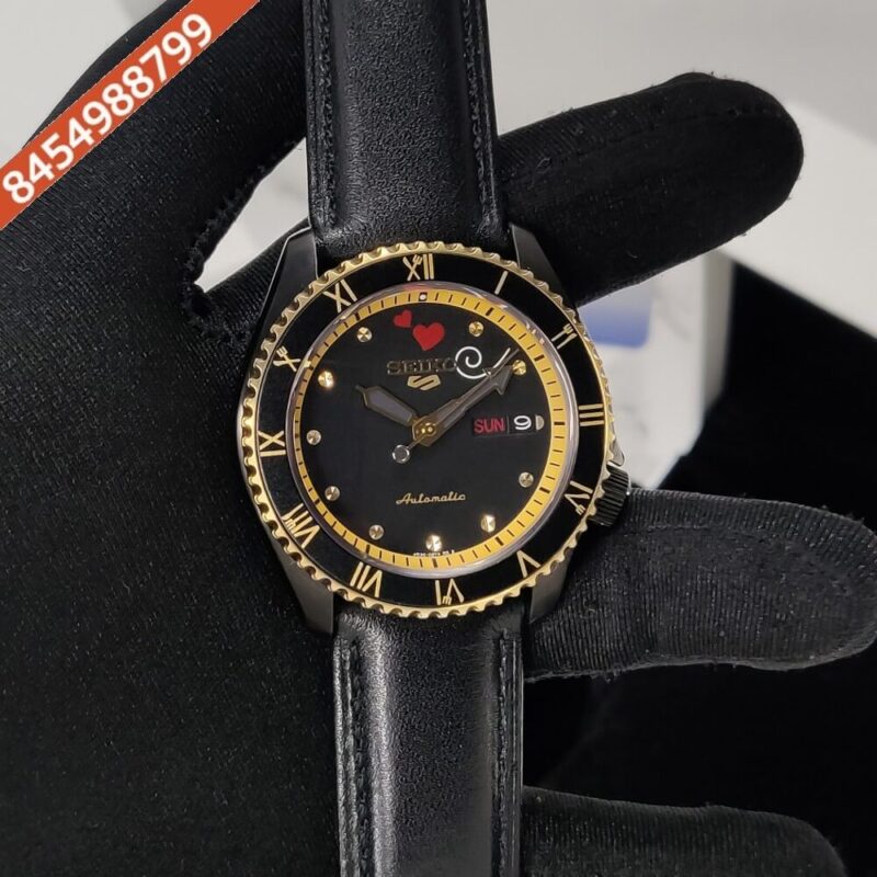 Seiko Sports Black Dial Stainless Steel Case Black Leather Strap Swiss Automatic Watch