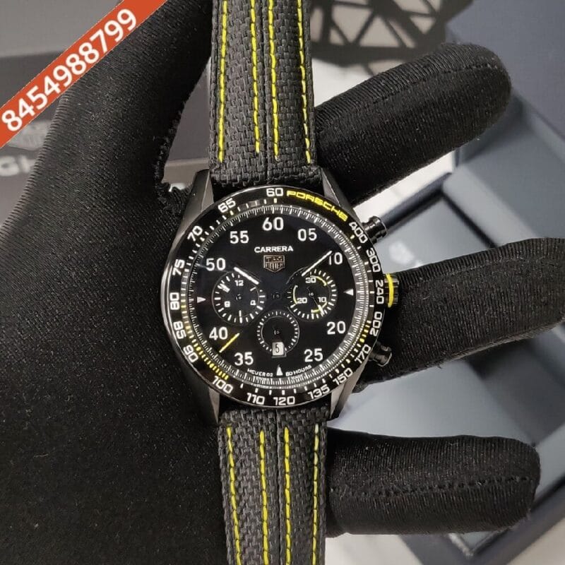 TAG HEUER Carrera X Porsche Yellow Racing Auto Black Dial Nylon Leather Strap Automatic Watch