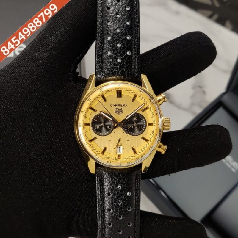 TAG Heuer Carrera Glassbox Chronograph Gold Dial Black Leather Strap Swiss Watch