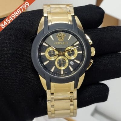 Versace Character Black Dial Polished Gold Strap Swiss watch