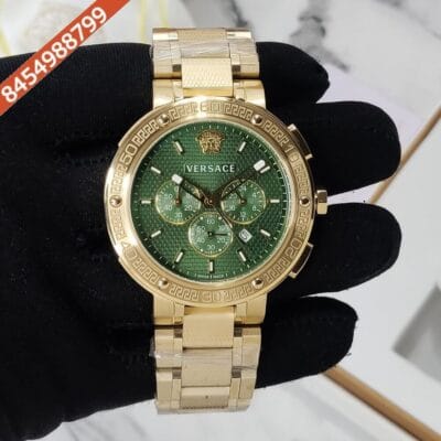 Versace Chronograph Green Dial Stainless Steel Gold Polished Strap Swiss Watch