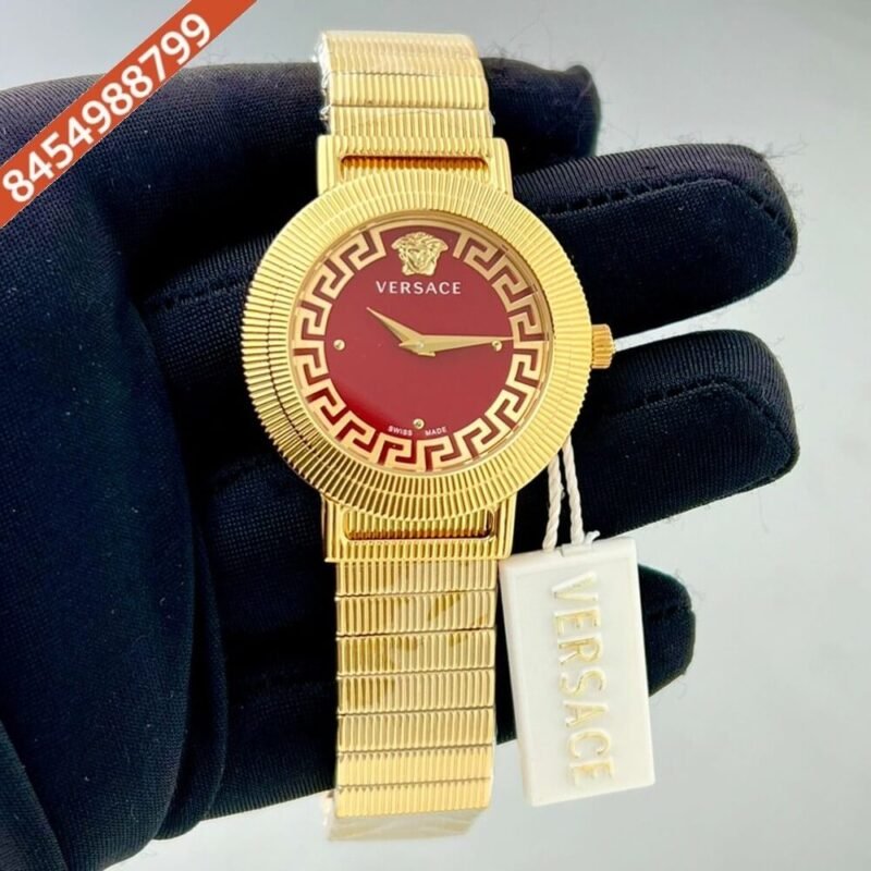 Versace Gold Watch Red Dial Polished Gold Strap Quartz Watch