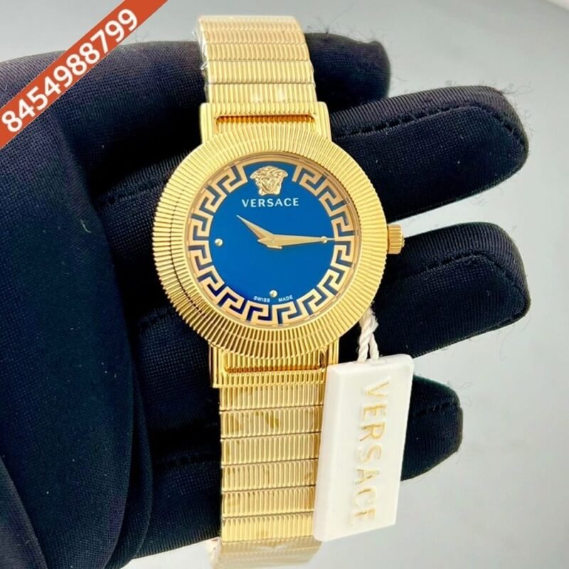 Versace Gold Watch Blue Dial Polished Gold Strap Quartz Watch