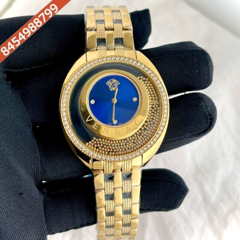 Versace Diamond Watch Blue Dial Polished Gold Strap Quartz Watch