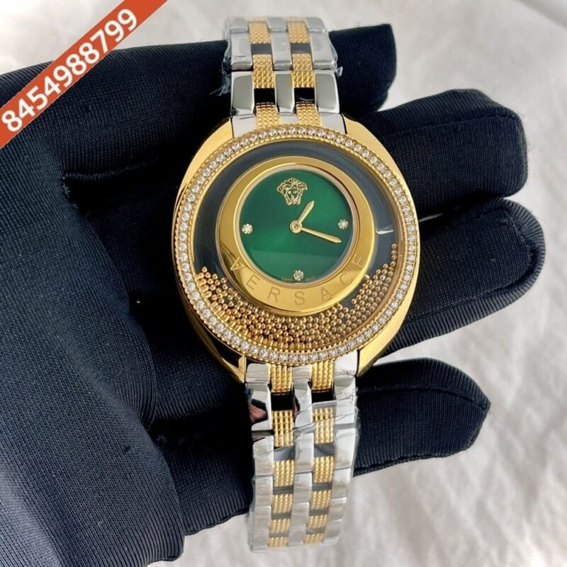 Versace Diamond Watch Green Dial Dual Ton Strap Quartz Watch