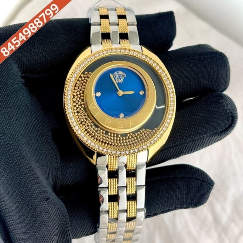 Versace Diamond Watch Light Blue Dial Polished Gold Strap Quartz Watch