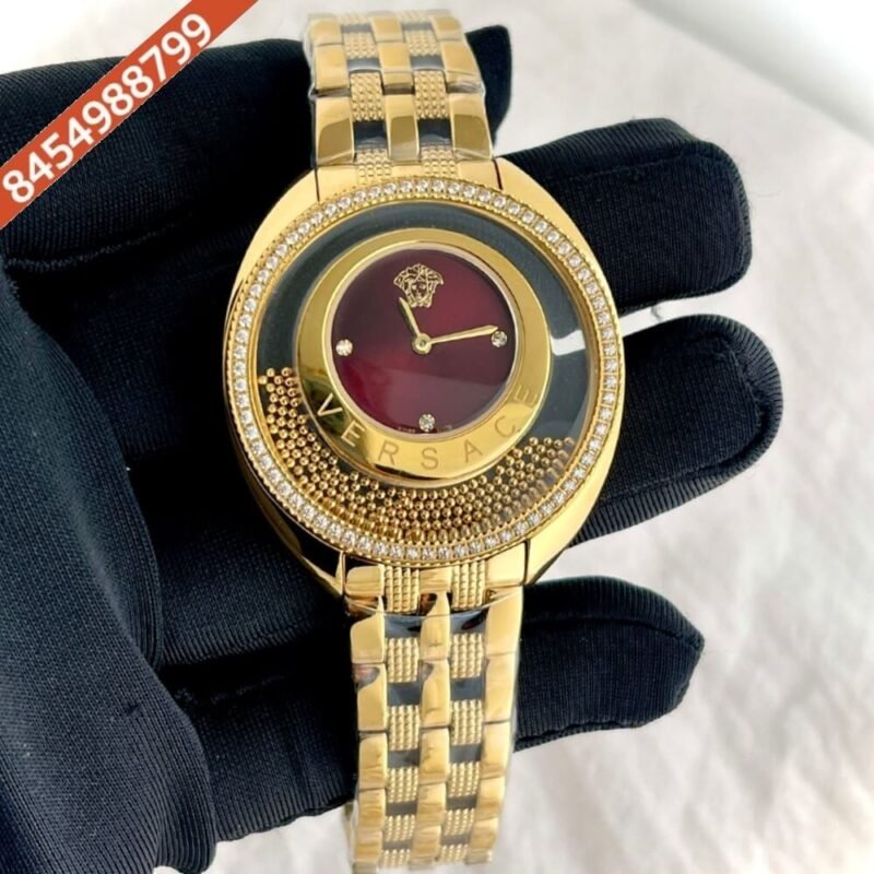 Versace Diamond Watch Red Dial Polished Gold Strap Quartz Watch