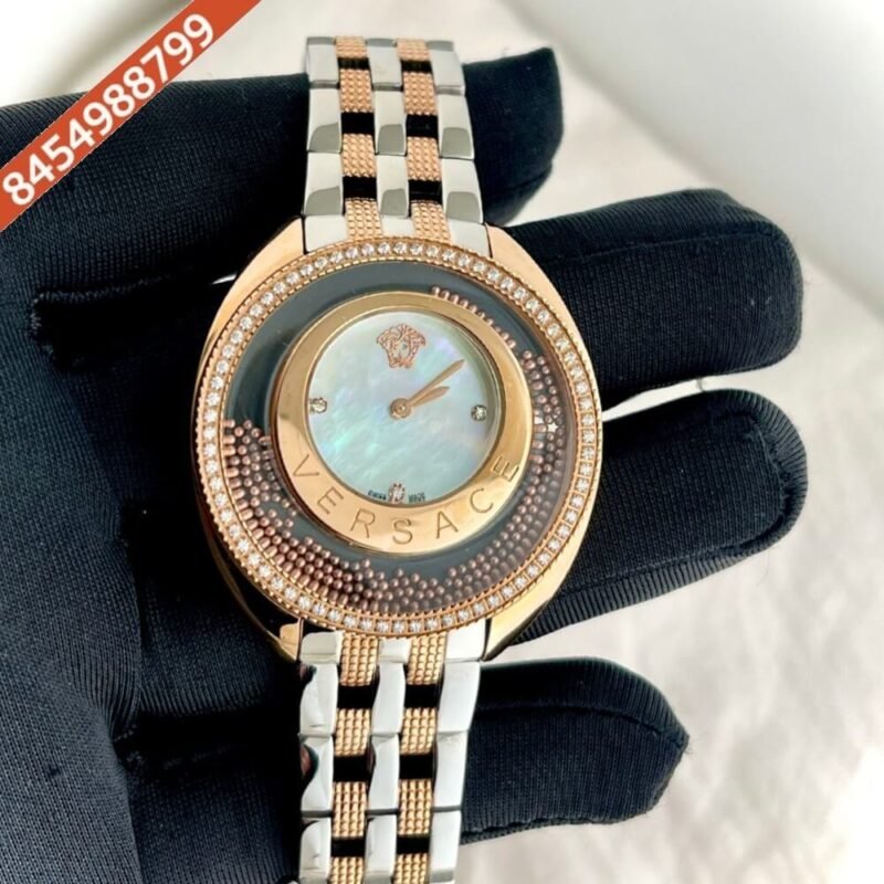 Versace Rose Gold Watch Diamond White Dial Dual Ton Strap Quartz Watch