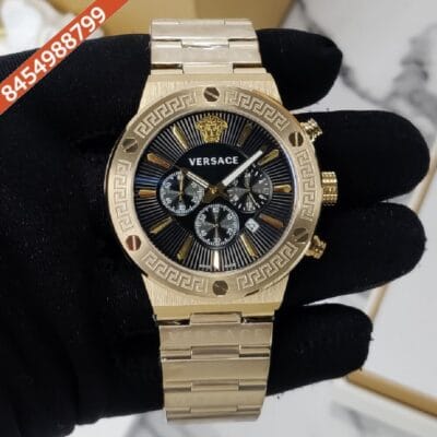 Versace Greca Black Dial Gold Polished Strap Swiss Watch