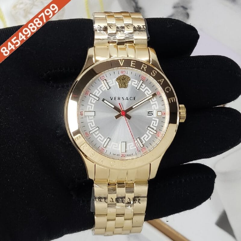 Versace Hellenyium White Dial Gold Polished Strap Swiss Watch