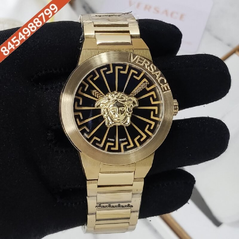 Versace Medusa Black Dial Gold Polished Strap Swiss Watch