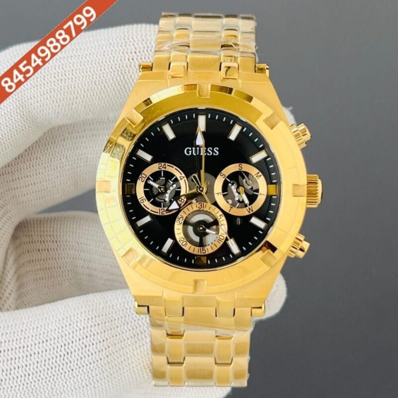 GUESS CONTINENTAL  Multifunction Steel Golden Watch Black Dial Swiss Watch