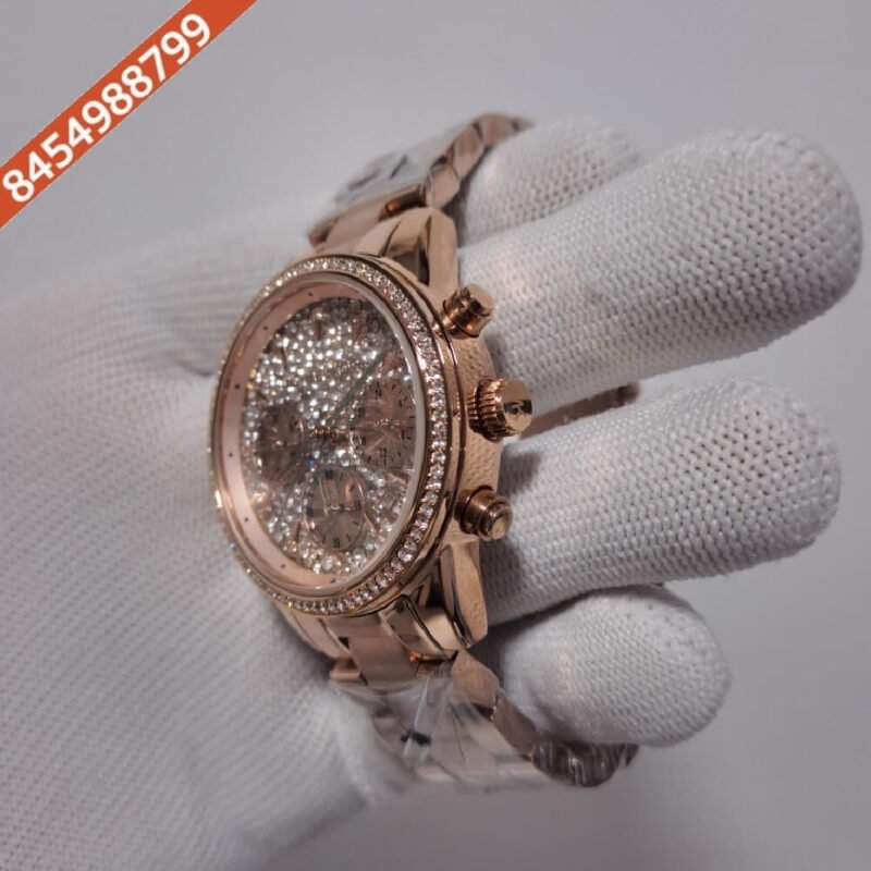 Michael Kors Chronograph Full Rose Gold Diamond Studded Dial Swiss Watch - Image 3