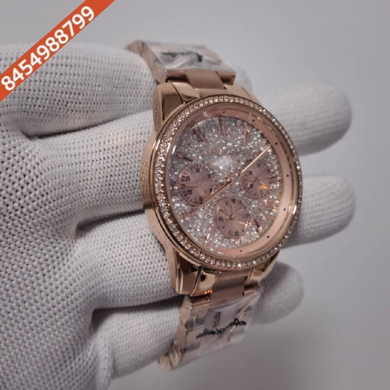 Michael Kors Chronograph Full Rose Gold Diamond Studded Dial Swiss Watch - Image 2