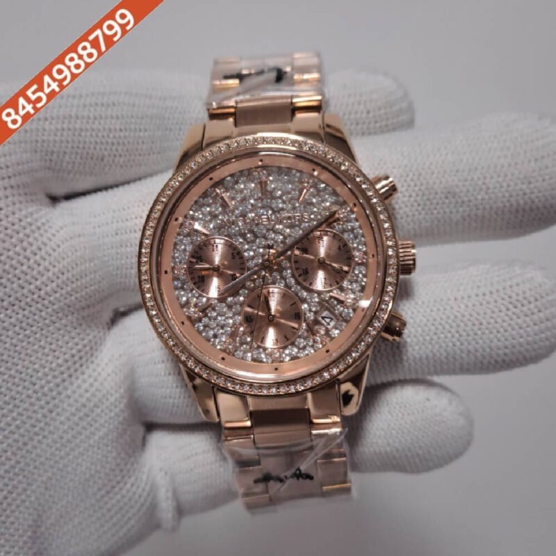 Michael Kors Chronograph Full Rose Gold Diamond Studded Dial Swiss Watch