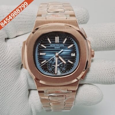 Patek Philippe Nautilus Polished Rose Gold Strap Chronograph Blue Dial Swiss Automatic Watch