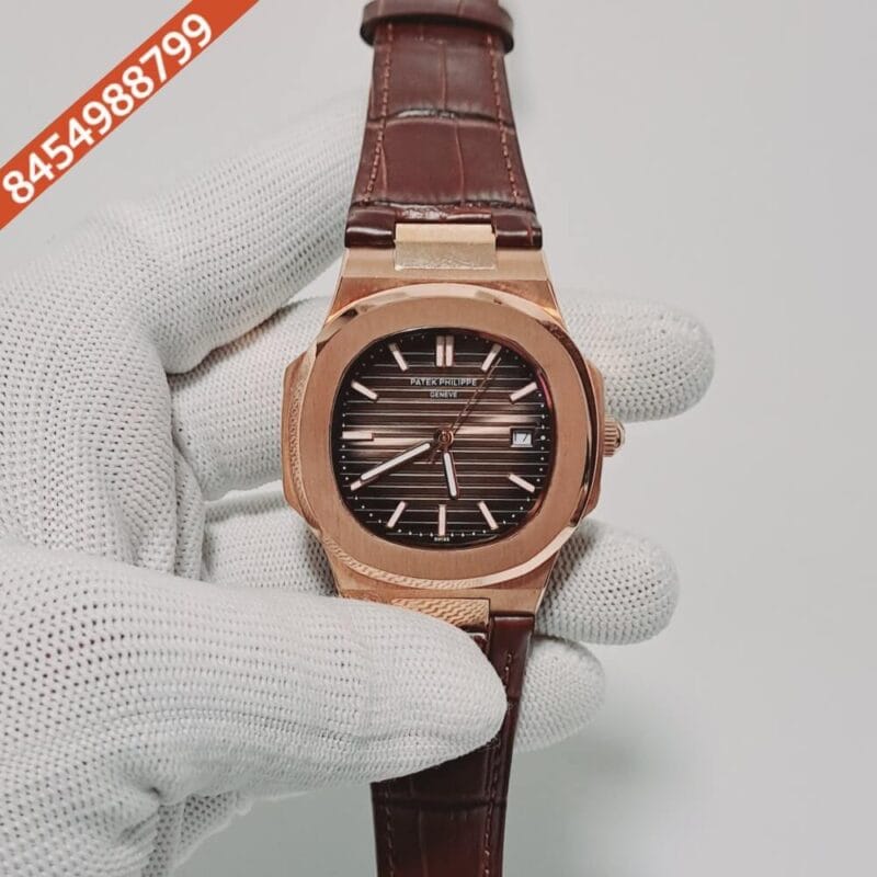 Patek Phillippe Nautilus Rose Gold Brown Dial Brown Leather Strap Swiss Automatic Watch