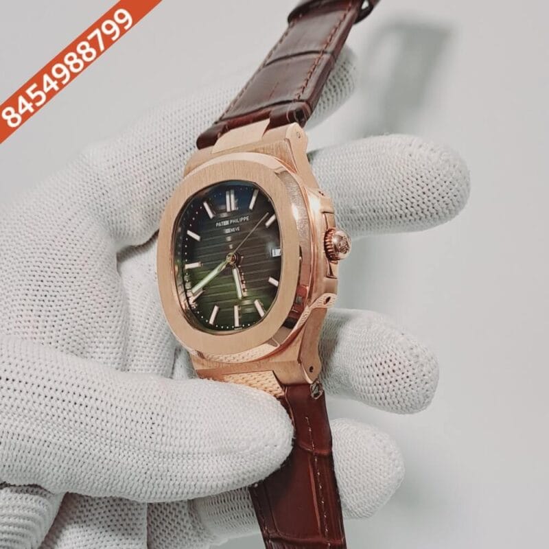 Patek Phillippe Nautilus Rose Gold Brown Dial Brown Leather Strap Swiss Automatic Watch - Image 3