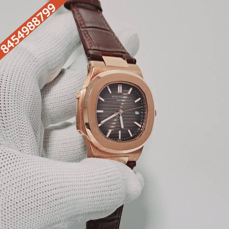 Patek Phillippe Nautilus Rose Gold Brown Dial Brown Leather Strap Swiss Automatic Watch - Image 2