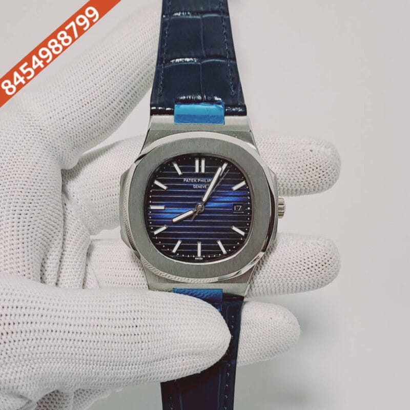 Patek Phillippe Nautilus Blue Dial Blue Leather Strap Swiss Automatic Watch