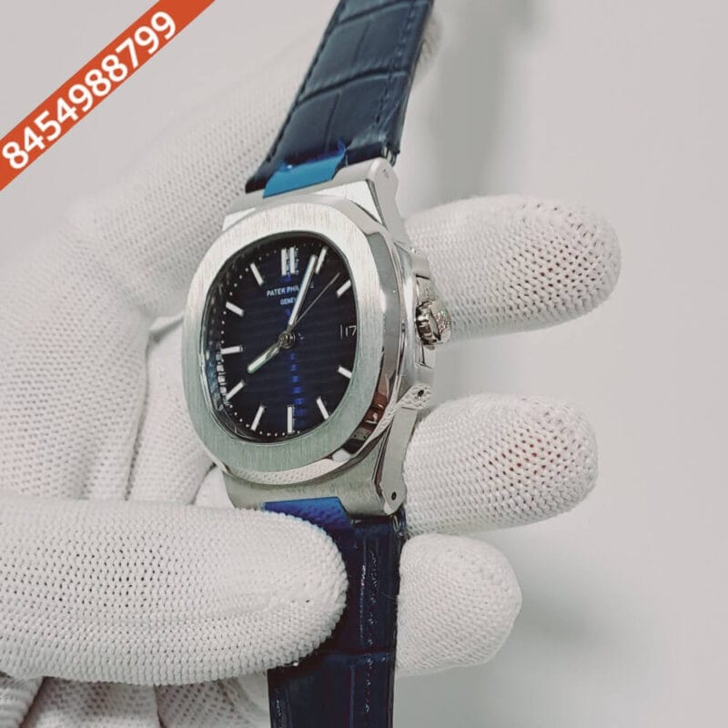 Patek Phillippe Nautilus Blue Dial Blue Leather Strap Swiss Automatic Watch - Image 3