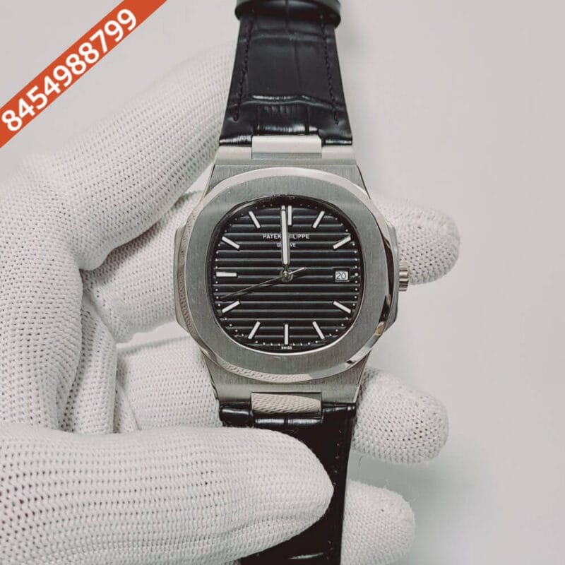 Patek Phillippe Nautilus Black Dial Black Leather Strap Swiss Automatic Watch