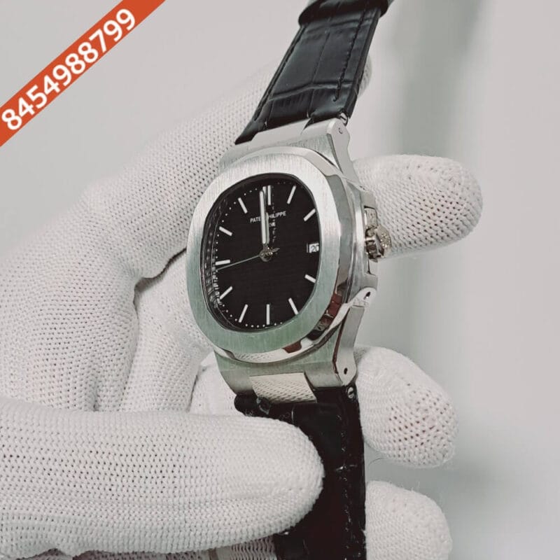 Patek Phillippe Nautilus Black Dial Black Leather Strap Swiss Automatic Watch - Image 3