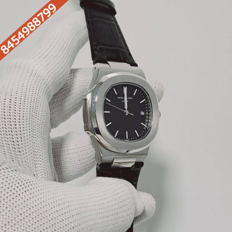 Patek Phillippe Nautilus Black Dial Black Leather Strap Swiss Automatic Watch - Image 2