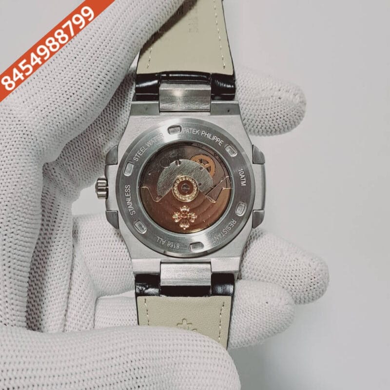 Patek Phillippe Nautilus Black Dial Black Leather Strap Swiss Automatic Watch - Image 4